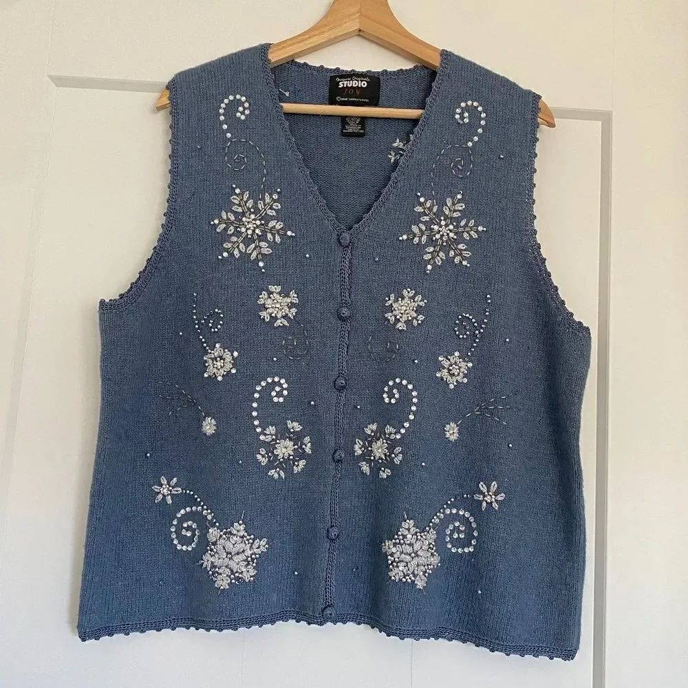 Vintage Blue Wool Beaded Embroidered Classic Grandma Warm Button Front Vest